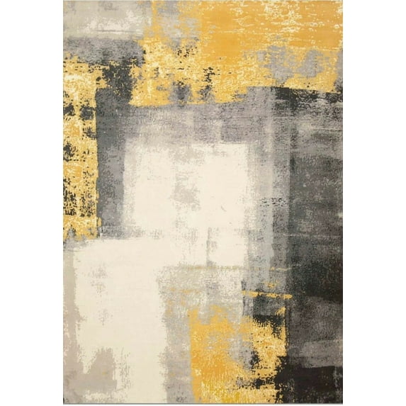 Soft Yellow Abstract Fluffy Cozy Comfortable Print Design Area Rug/ Carpet