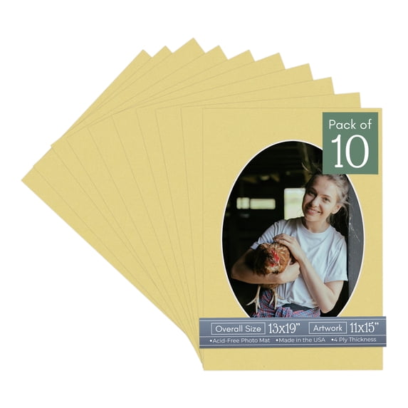 Soft Yellow Picture Frame Mat for 13x19 Frames - Oval Opening for 11x15 Photos - 10 Mats