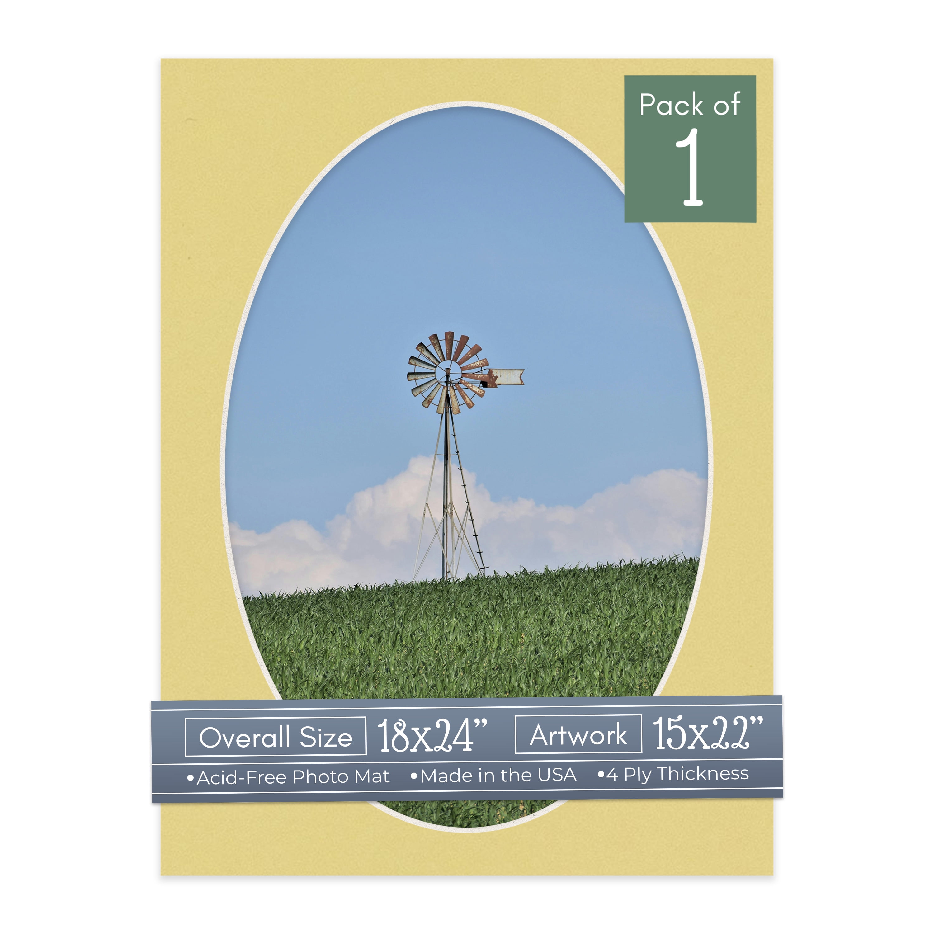 Soft Yellow Picture Frame Mat for 18x24 Frames - Oval Opening for 15x22 Photos - 1 Mat