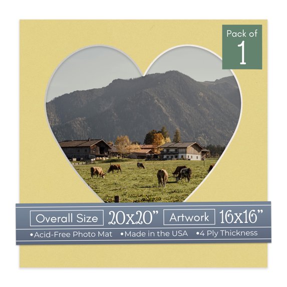 Soft Yellow Picture Frame Mat for 20x20 Frames - Heart Opening for 16x16 Photos - 1 Mat