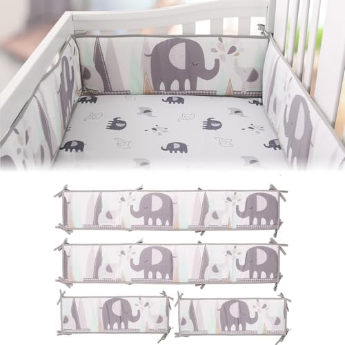 Soft and Breathable Mesh Liner Padded Thick， 4 Pcs of Crash Pads for Sides,Easy to Install (Cute Gray Elephant)