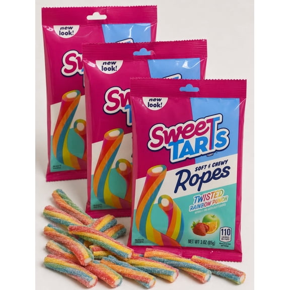 Soft and Chewy Twisted Ropes Rainbow Fruit Punch Flavor Candies - 3oz 3 Peg Bags.