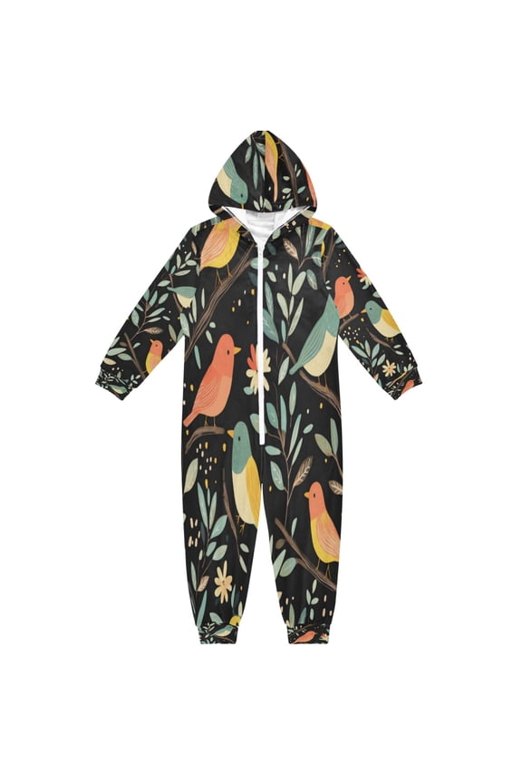 Soft and Comfortable One-Piece Pajamas Jumpsuits Black Background Bird