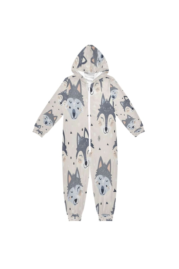 Soft and Comfortable One-Piece Pajamas Jumpsuits Gray Cartoon Wolf Face