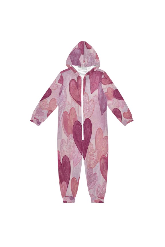 Soft and Comfortable One-Piece Pajamas Jumpsuits Heart Pattern Digital
