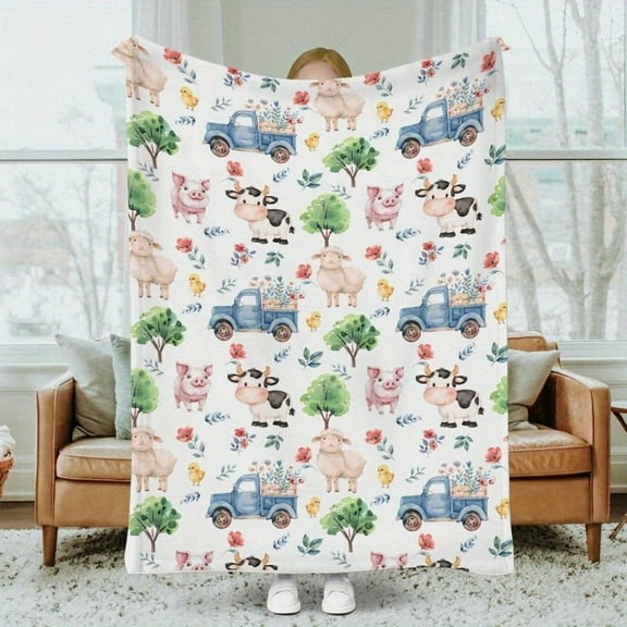 Soft and Cozy Farm Animal Flannel Toddler Blanket - Adorable Pig, Cow, Sheep, Chicken Designs with Blue Tractor and Flowers