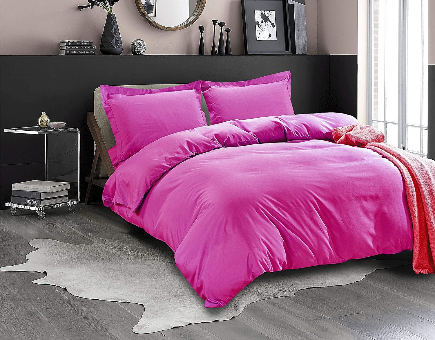 Soft and Cozy Solid Duvet Cover with Matching Sham, Button Closure & Corner Ties, 3-Piece Set, Full/Queen, Hot Pink