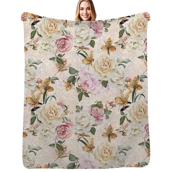 Soft and Easy Watercolor Roses Pattern Flannel Blanket Warm Soft Bedding Throws Winter Camping Chair Sofa Bed