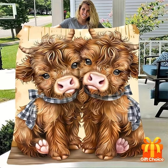 Soft and Warm One Comfortable Cartoon Highland Cow Pattern Flannel Blanket