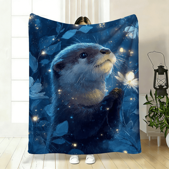 Soft and washable flannel blanket with otter design and custom name, ideal for sofa, travel, camping, living room, office, chair, or bed.