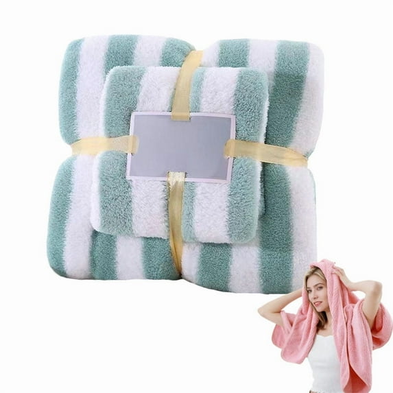 Soft bath towel, high density coral fleece towel, 70 x 140 cm+35 x 75cm, cotton highly absorbent towel for bathroom, cotton wrapped towel (Green)