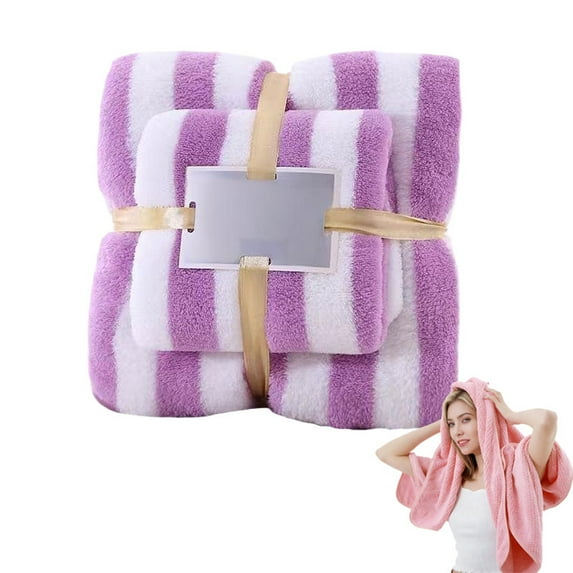 Soft bath towel, high density coral fleece towel, 70 x 140 cm+35 x 75cm, cotton highly absorbent towel for bathroom, cotton wrapped towel (Purple)