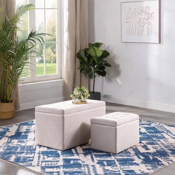 Soft beige 3-Piece Linen Fabric Storage Ottoman Set, Tufted Seating for Indoor Living Spaces