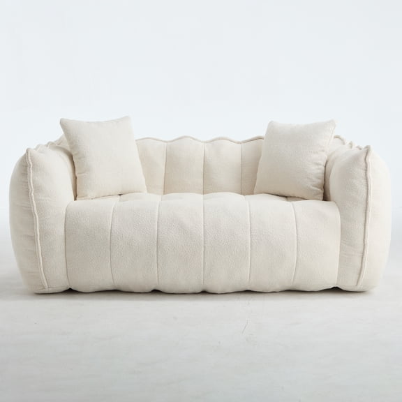 Soft beige two-person bean bag chair with a high-resilience foam core. This cozy square lounger sofa is perfect for family and friends to game, read, and watch TV together.