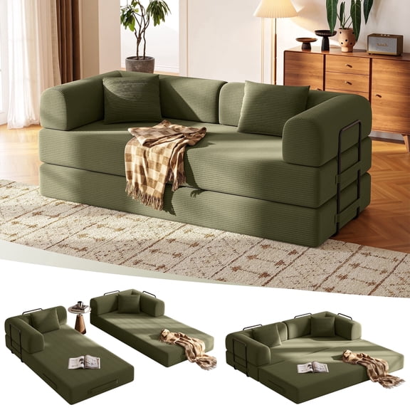 Soft corduroy 5-in-1 sofa bed, 79 inch boneless sofa with fixed frame, foldable modular sofa bed, suitable for small spaces, apartments, living rooms