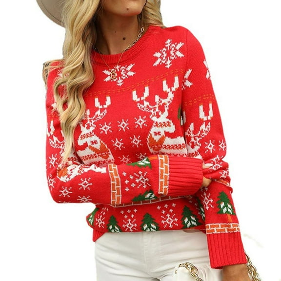 Soft and cozy against your skin! Wear the holiday spirit with this snowflake reindeer sweater. A relaxed-fit pullover for fall and winter—warm, comforting, and camera-ready.,M,Red