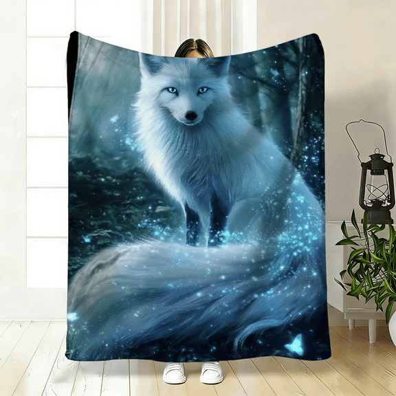 Soft flannel blanket with high-definition white fox on dark background print, cozy and warm, perfect for gifting, and great for travel, camping, or sofa.
