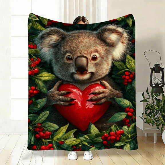 Soft flannel blanket, koala with heart leaf foliage style, perfect for holiday cozy nights, ideal for bed, sofa, travel, or camping.