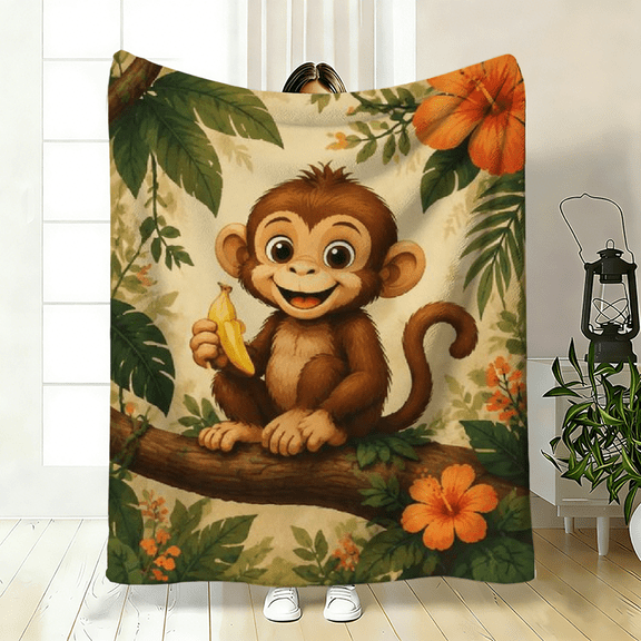Soft flannel blanket with tropical monkey print, lightweight and cozy, perfect for gifting, and great for living room, bedroom, office, or travel.