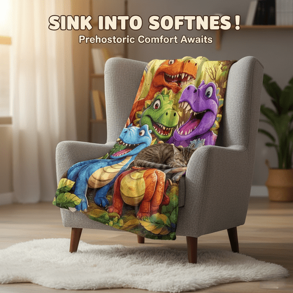 Soft and fun throw blanket, Cute Smiling Dinosaur 2D Printed Flannel Blanket, Contemporary Animal Themed Four Seasons Comfortable Knitted Throw Blanket, 60”×50”