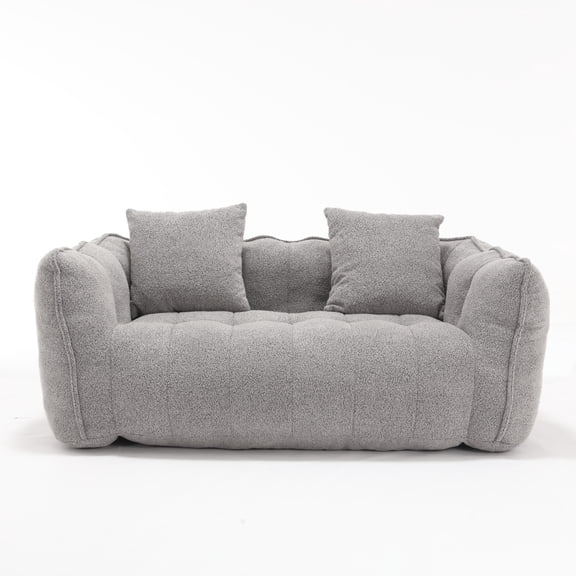 Soft gray two-person bean bag chair with a high-resilience foam core. This cozy square lounger sofa is perfect for family and friends to game, read, and watch TV together.