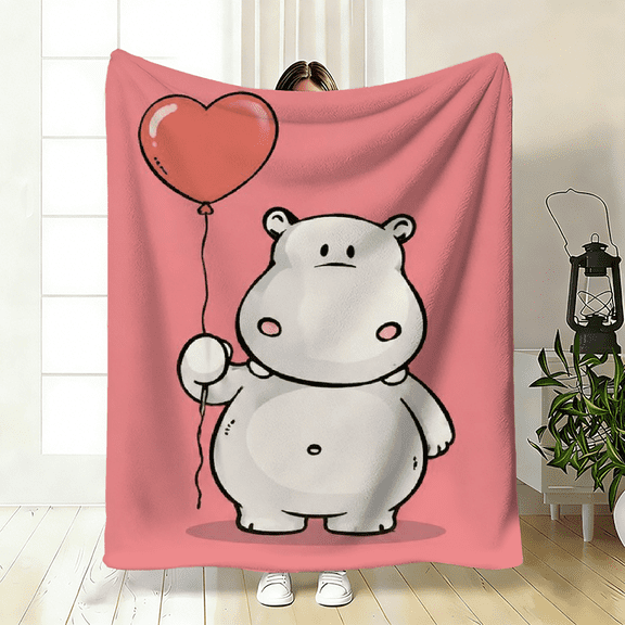 Soft plush fleece blanket, cartoon hippo with balloons, ideal for sofa, bed, or travel, great gift for all seasons, easy care and pet-friendly, lightweight.