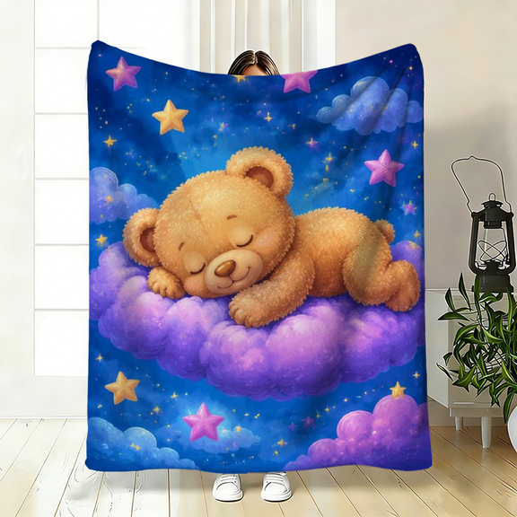 Soft plush fleece blanket, cloud teddy bear print, ideal for sofa, bed, travel, or camping, great holiday gift for loved ones, lightweight all-season comfort.