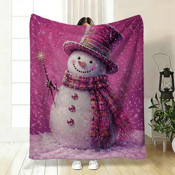 Soft plush fleece blanket, dreamy pink purple christmas snowman print, ideal for bedroom, office, or camping, great holiday decor gift, skin-friendly and cozy.