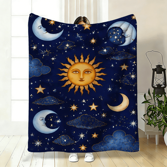 Soft plush fleece blanket, fantastical sun moon and stars cosmic print, ideal for bed, sofa, or office, great gift for astronomy lovers, mysterious vibrant all-season.