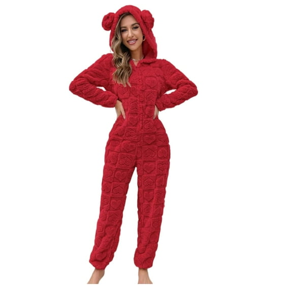 Soft plush ladies' pajamas, featuring bear ears on the hood and heart-shaped patterns (one-piece long-sleeved style)