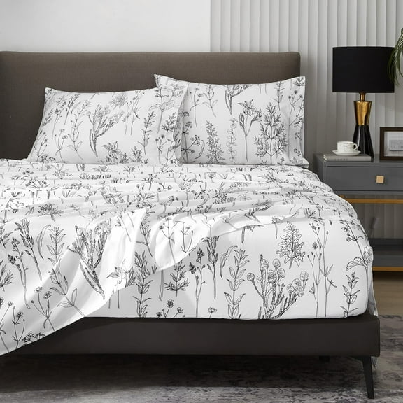 Soft Queen Sheets, 18 inch Deep Pocket Fitted Sheet, 1800 Thread Count Microfiber, Floral Leaf Print Bedding Set, Wrinkle Free Breathable Fabric, Black And White, White