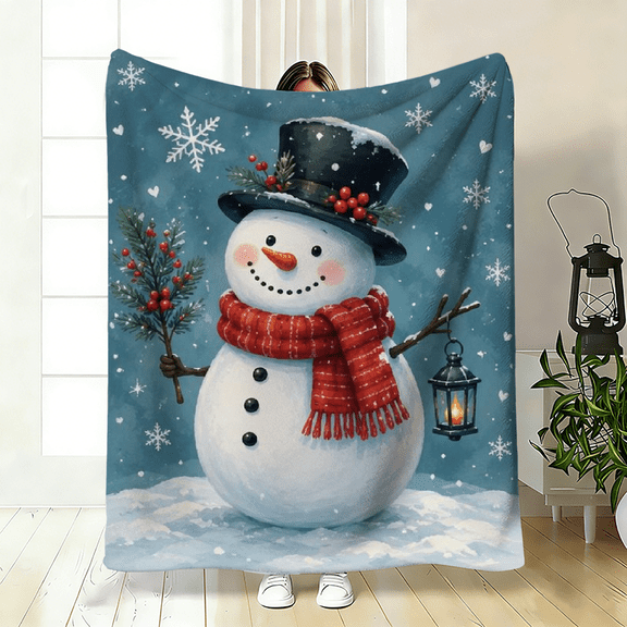 Soft warm fleece blanket, blue cute snowman christmas print, suitable for holiday gifting, cozy use on sofa, bed, or living room, lightweight festive home decor.