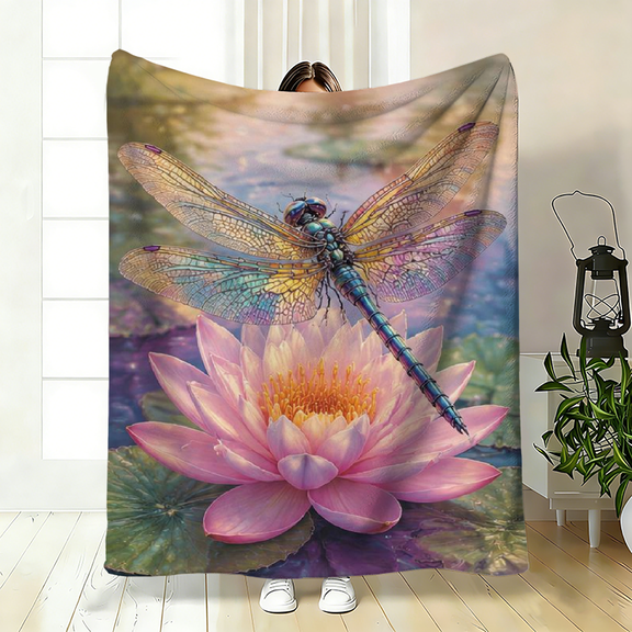 Soft warm fleece blanket, dragonflies and tulips nature print, suitable for any season or gifting, cozy use on sofa or bed, unique creative birthday graduation gift.
