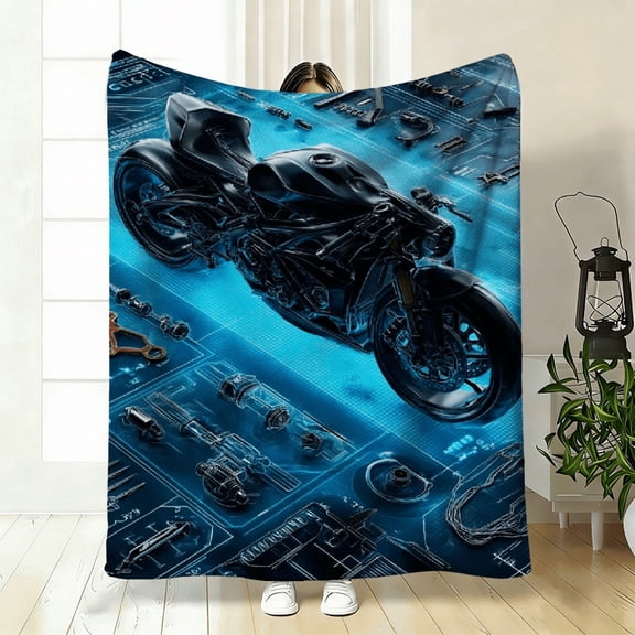 Soft warm fleece blanket, motorcycle parts digital print, suitable for any season or gifting, cozy use on sofa, bed, or camping, great gift for motorcycle enthusiasts.