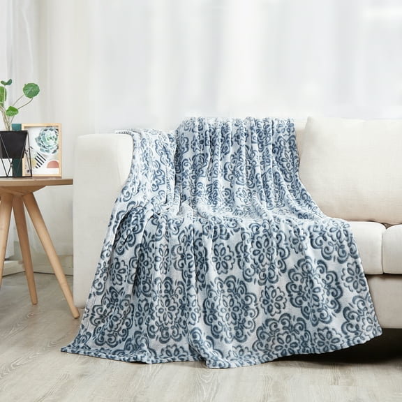 SoftLux Blue Frosted Texture Medallion Velvet Plush Fleece Throw Blanket, 50" x 60", Adults and Teens