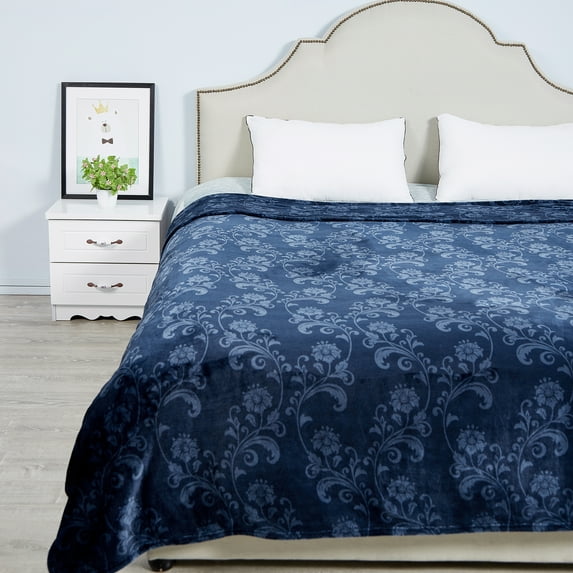 SoftLux Printed Luxury Velvet Plush Fleece Blanket, Full/Queen, 90" x90", Blue Floral Scroll