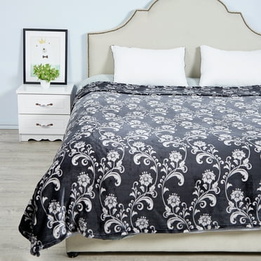 SoftLux Printed Luxury Velvet Plush Fleece Blanket, Full/Queen, 90" x90", Grey Floral Scroll
