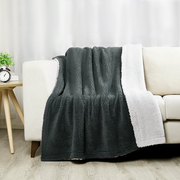 SoftLux Reversible 2-Tone Dark Gray and Light Gray Sherpa Dual Layer Throw Blanket, 50" x 60", Recycled Polyester, Adults and Teens