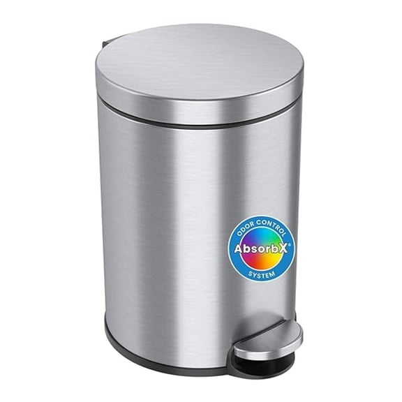 SoftStep 3.2 Gallon Small Round Bathroom Step Trash Can with Removable Inner Bucket and AbsorbX Deodorizer, Stainless Steel, 12 Liter Pedal Garbage Bin for Bedroom, Office Cubicle