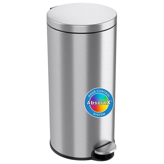 SoftStep 8 Gallon Step Trash Can with Removable Inner Bucket and AbsorbX Odor Filter, Stainless Steel, 30 Liter Round Pedal Garbage Bin for Kitchen, Bathroom, Office, Quiet Lid Close