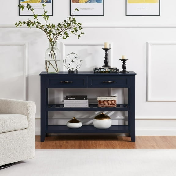Softa Retro Design Console Table with Two Open Shelves, Pine Solid Wood Frame and Legs for Living Room, Navy Blue