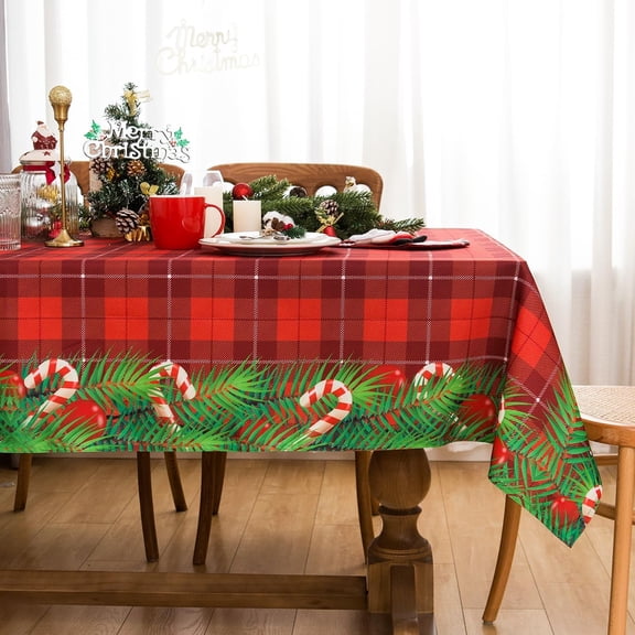 Softalker Christmas Rectangle Tablecloth - Red Tartan Checkered with Printed Xmas Candy Table Cloths, Washable Polyester Fabric Table Covers for Dining, Parties & Holiday Decor, 60 x 102 Inch