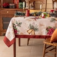 thumbnail image 1 of Softalker Christmas Satin Rectangle Tablecloth, Winter Red Poinsettia Holly Bells Table Cloth, Bright Silk Heavy Weight Fabric Table Cover for Dining, Party Decor, DMFlowerBell 60 x 102 Inch, 1 of 6