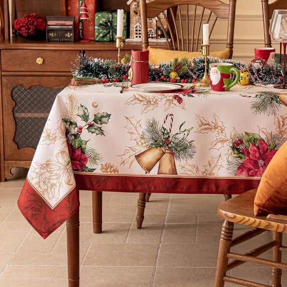 Softalker Christmas Satin Rectangle Tablecloth, Winter Red Poinsettia Holly Bells Table Cloth, Bright Silk Heavy Weight Fabric Table Cover for Dining, Party Decor, DMFlowerBell 60 x 102 Inch