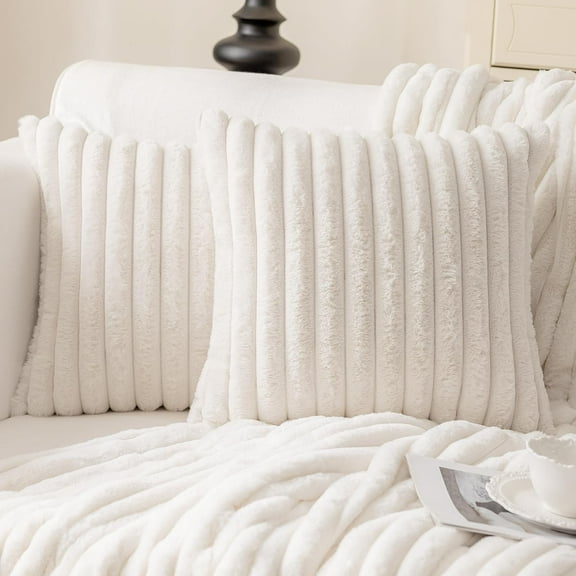 Softalker Faux Fur Throw Pillow Covers, Decorative Velvet Striped Plush Pillow Cases, 18x18 Inch Set of 2, Couch Pillow Cover for Sofa, Bedroom, Living Room (White)