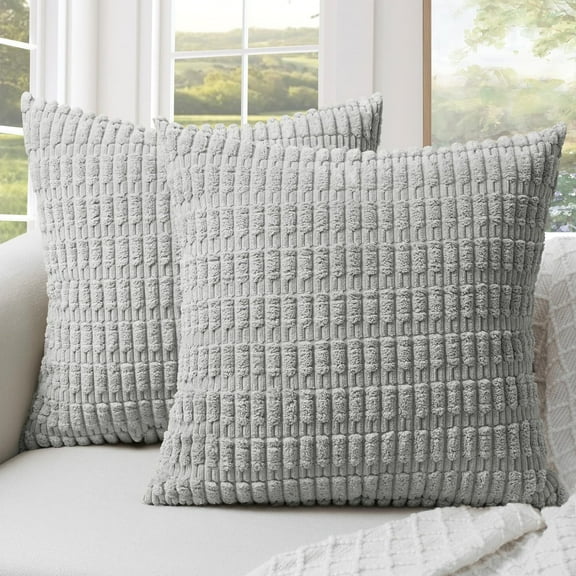 Softalker Throw Pillow Covers, Decorative Corduroy Soft Boho Striped Pillow Cases 18x18 Inch Set of 2, Farmhouse Cushion Pillow Cover for Couch Sofa Bedroom Living Room Home Decor (Light Grey)