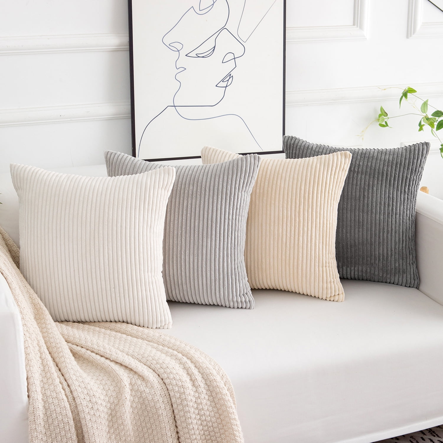 Softalker Set of 4 Corduroy Boho Grey White Throw Pillow Covers 18x18in