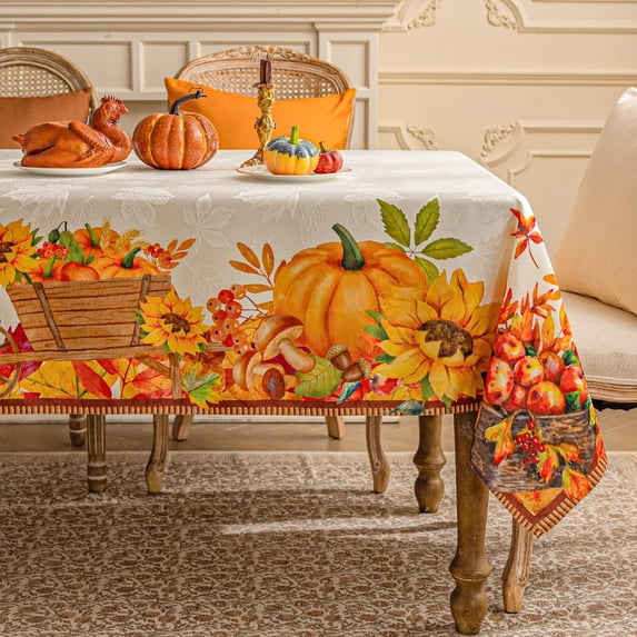 Softalker Thanksgiving Jacquard Rectangle Tablecloth, Fall Harvest Pumpkins Sunflower Table Cloth, Damask Fabric Washable Table Cover Decoration for Autumn Holiday, Dining, Party, 60 x 120 Inch