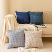 Softalker Throw Pillow Covers 22x22 inch Set of 4 Corduroy Soft Striped Farmhouse Boho Pillow Covers for Couch Sofa Bedroom Living Room(Grey/Blue)
