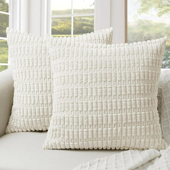 Softalker Throw Pillow Covers, Decorative Corduroy Soft Boho Striped Pillow Cases 18x18 Inch Set of 2, Farmhouse Cushion Pillow Cover for Couch Sofa Bedroom Living Room Home Decor (White)